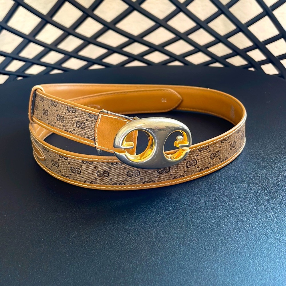 Vintage Gucci Belt GG Prints Gold Tone Hardware Skinny Belt Genuine Leather